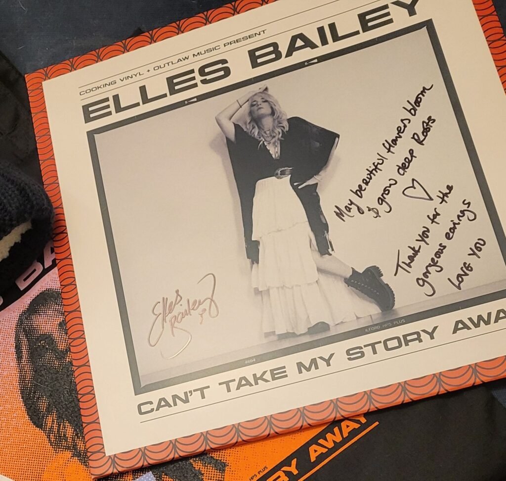 Picture of the Elles Bailey album Can't Take My Story Away with the personal message to Fiona of Fifi and the Peacock, thanking her for the Sunflower earrings