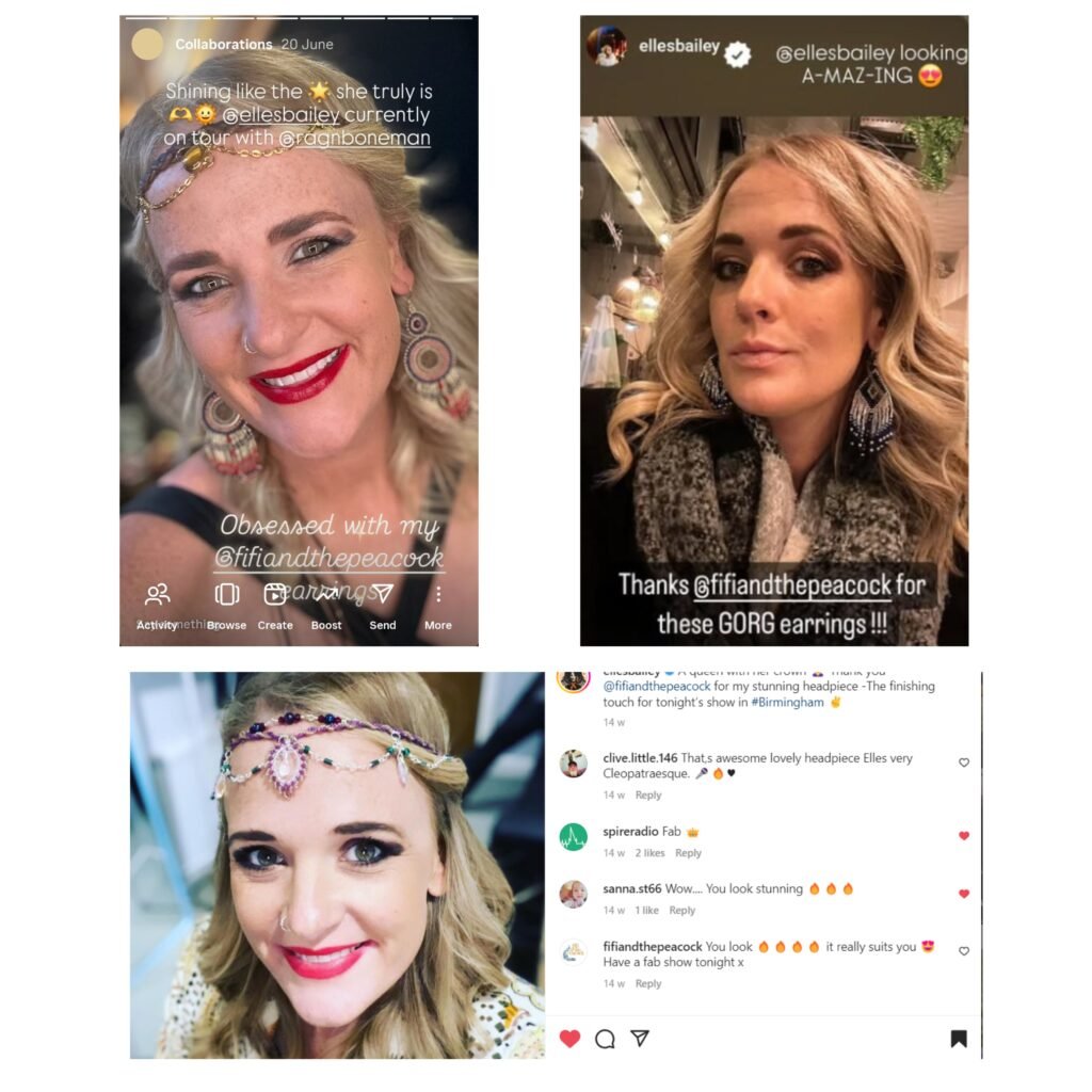 Elles Bailey on Social Media sharing pictures wearing Fifi and the Peacock jewellery