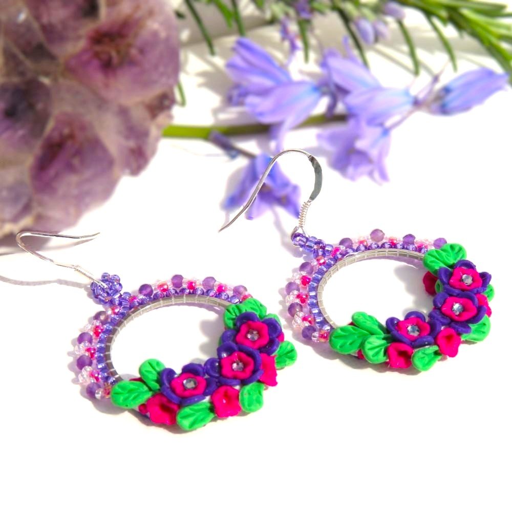 Polymer Clay, Miyuki seed bead and micro faceted hoop earrings, designed and crafted by Fiona of Fifi and the Peacock
