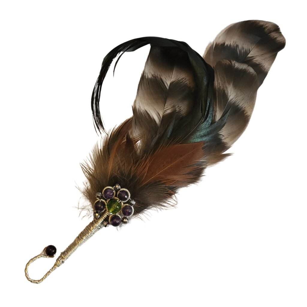Hatpin made with customers own feathers, handcrafted by Fifi and the Peacock, featuring a central dyed green Crackled Quartz, faceted Amethyst and faceted Terahertz