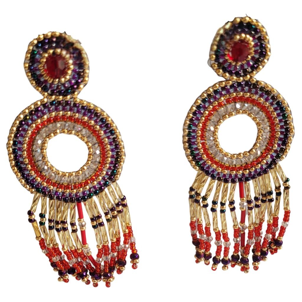 Custom Earrings by Fifi and the Peacock for Elles Bailey featuring a Miyuki seed bead base with Swarovski Crystals, Magenta Haematite and Faceted Glass Crystals and Bugle Beads