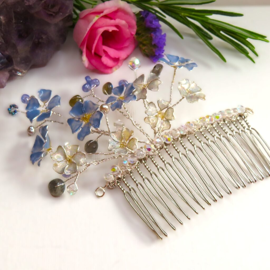 Custom design hair comb, as part of a Prom jewellery set, featuring unique handcrafted flowers to match the dress, Labradorite, faceted Clear Quartz, Tanzanite, Cultured Freshwater Pearls.