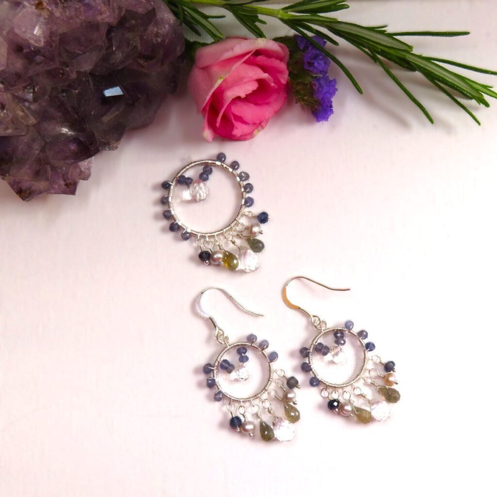 Custom made earrings and pendant by Fiona of Fifi and the Peacock.  Silver tone featuring Iolite, Clear Quartz and Labradorite