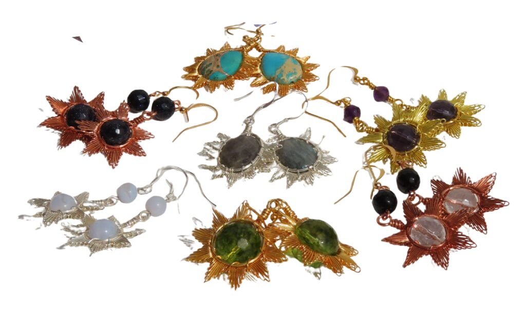 Part of the Wanderlust Collection, the Sunburst range combine genuine gemstones with a handcrafted wire work surround, inspired by the sun bursting through the clouds.  Designed and crafted by Fiona of Fifi and the Peacock